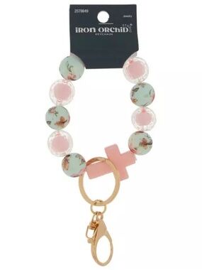 New Iron Orchid Floral Beaded Keychain Bracelet - Pink & Mint Bag Charm